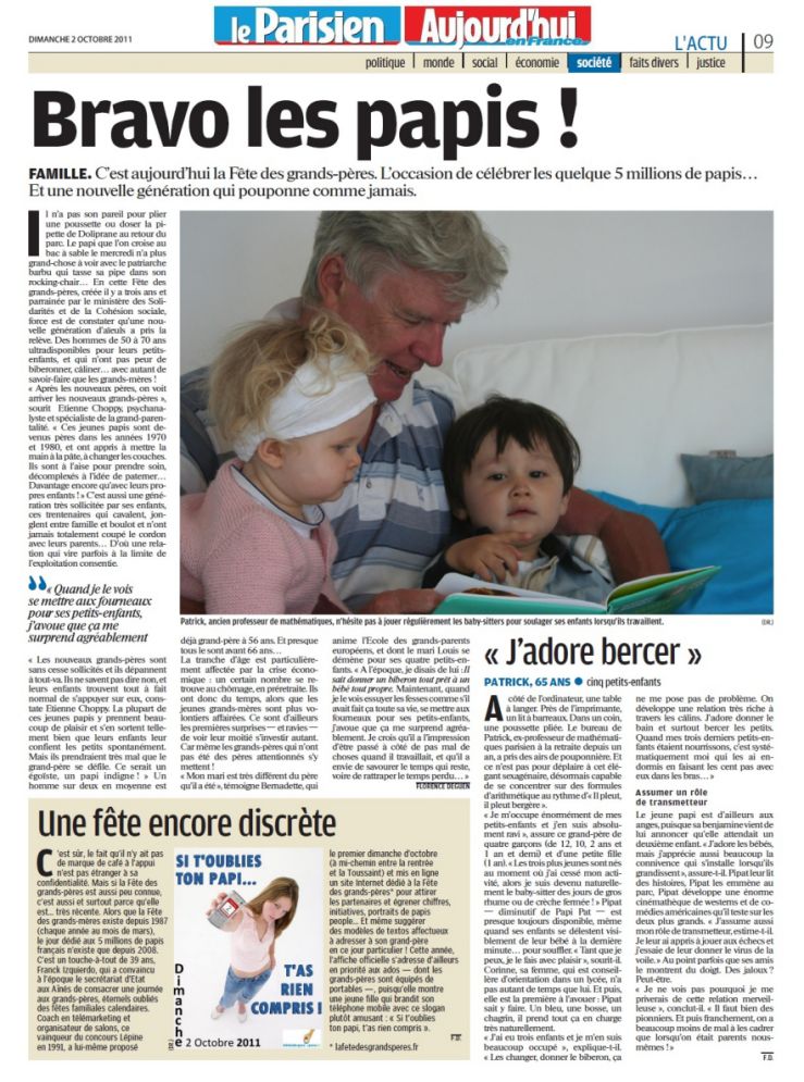 Article Le Parisien Aujourd‘hui en France sur la Fête des Grands-pères 2011 !